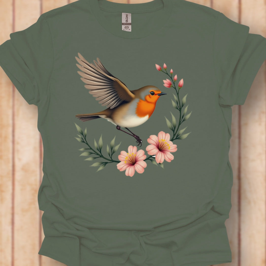 Roodborstje met Bloementak T‑Shirt