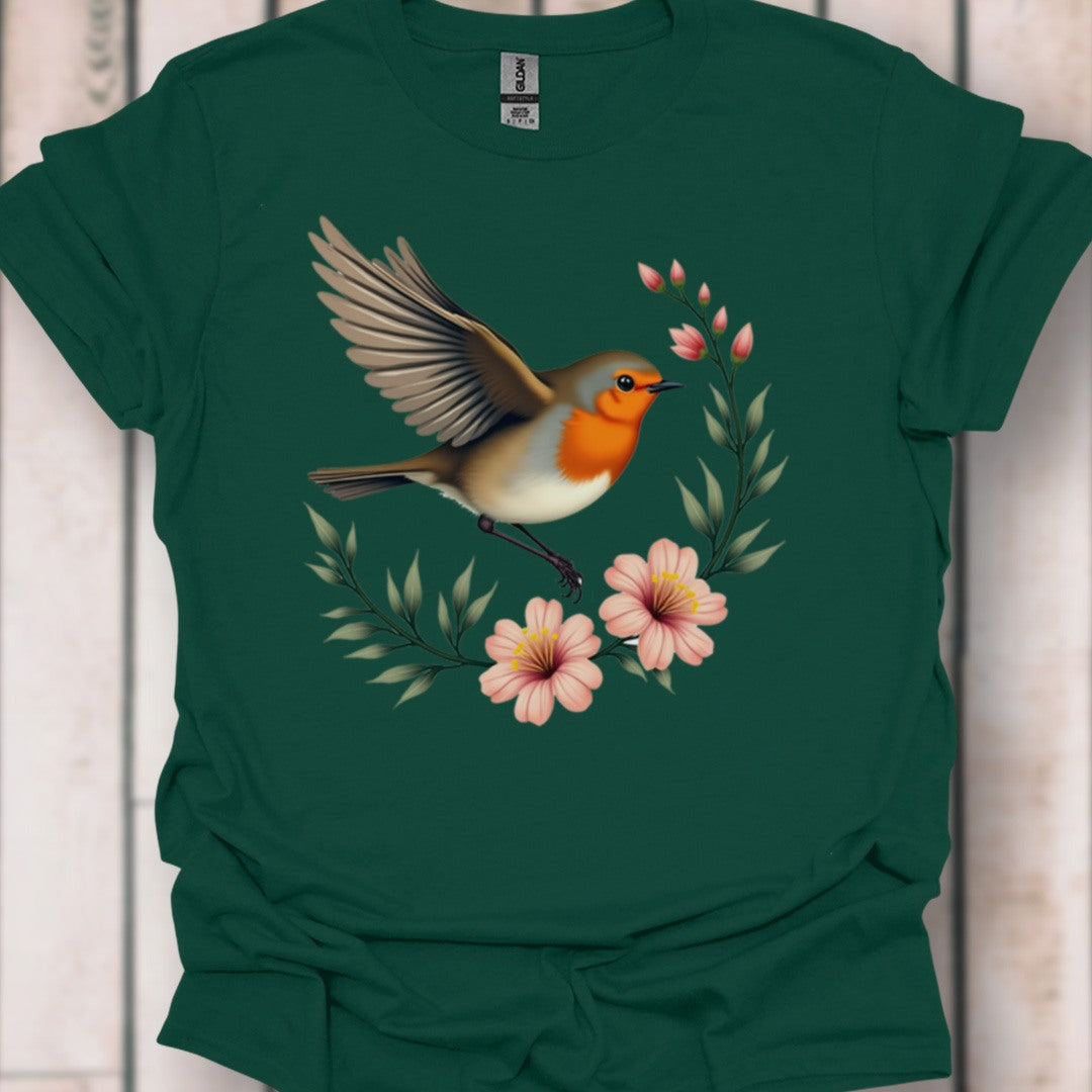 Roodborstje met Bloementak T‑Shirt
