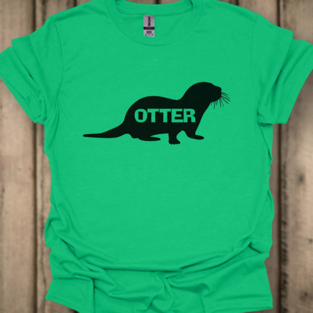Otter silhouette with text black trendy T-shirt