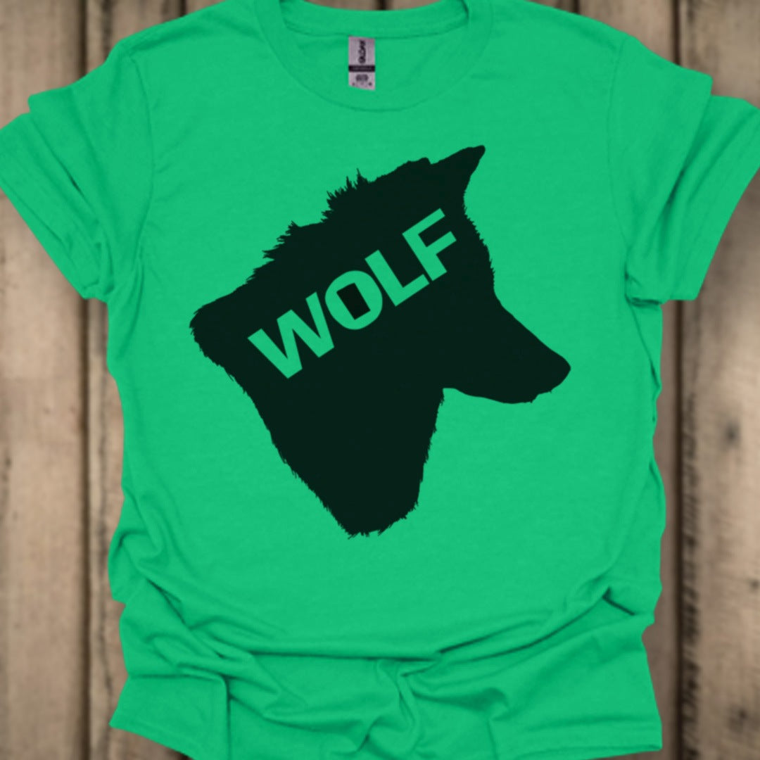 Wolf head silhouette with text black trendy T-shirt