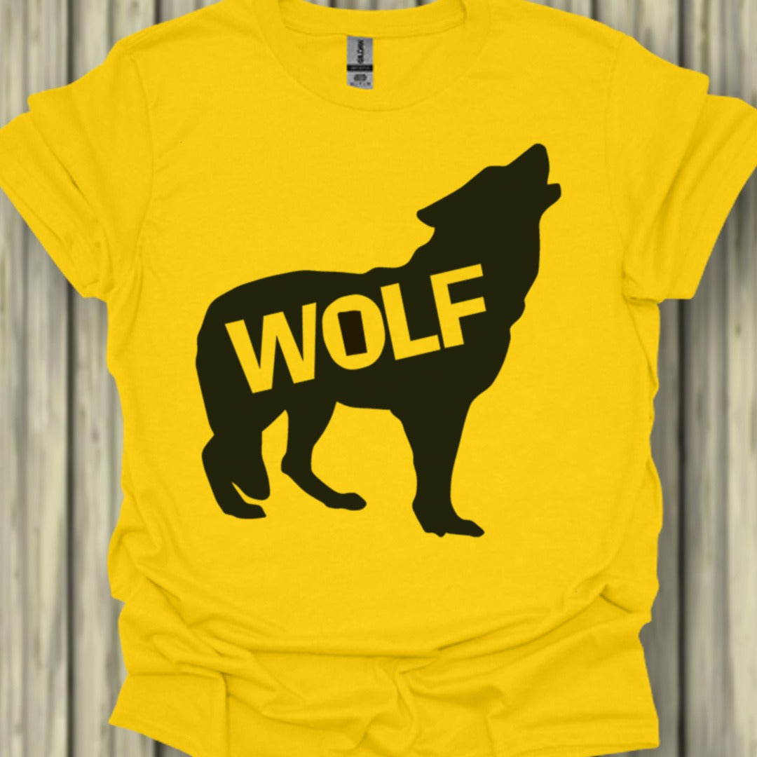 Standing wolf silhouette with text black trendy T-shirt