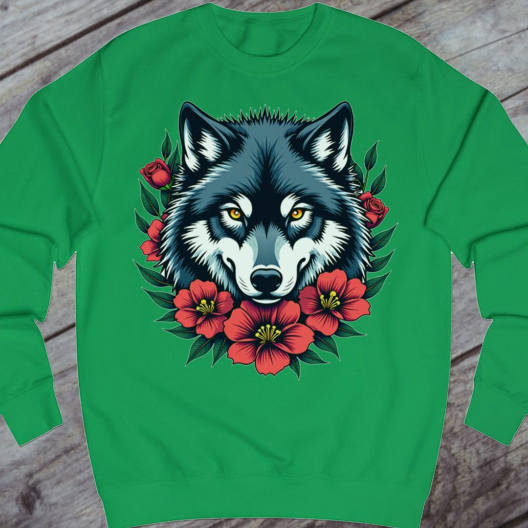 Wolf red flowers sweatshirt