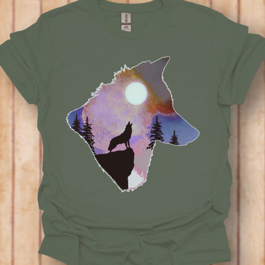 Wolf volle maan double exposure T‑Shirt