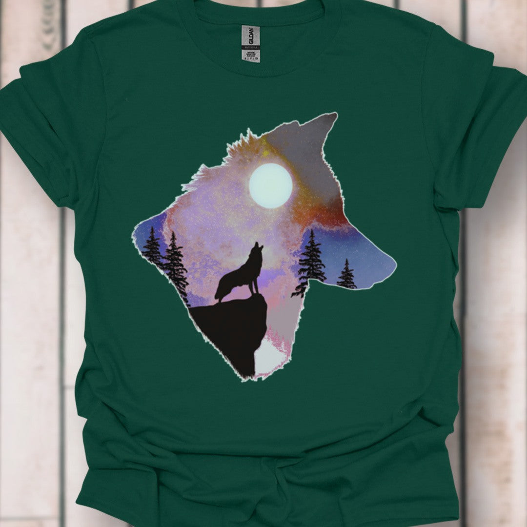 Wolf volle maan double exposure T‑Shirt