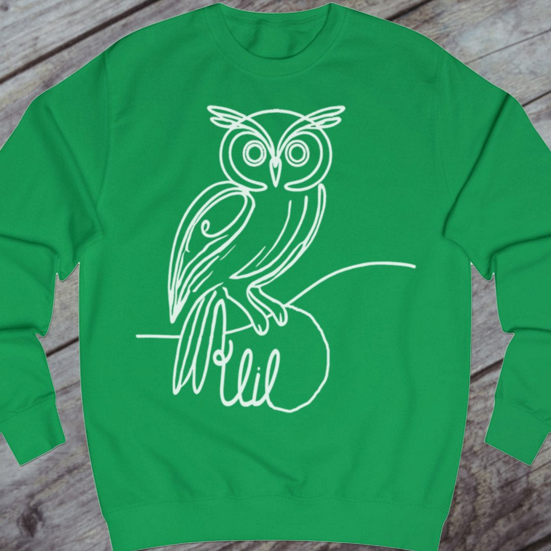 Owl line drawing white sweatshirt