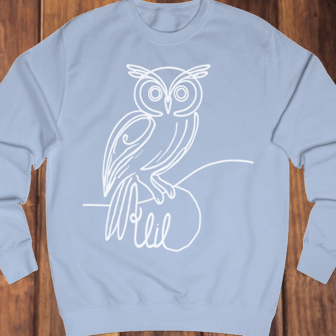 Owl line drawing white sweatshirt