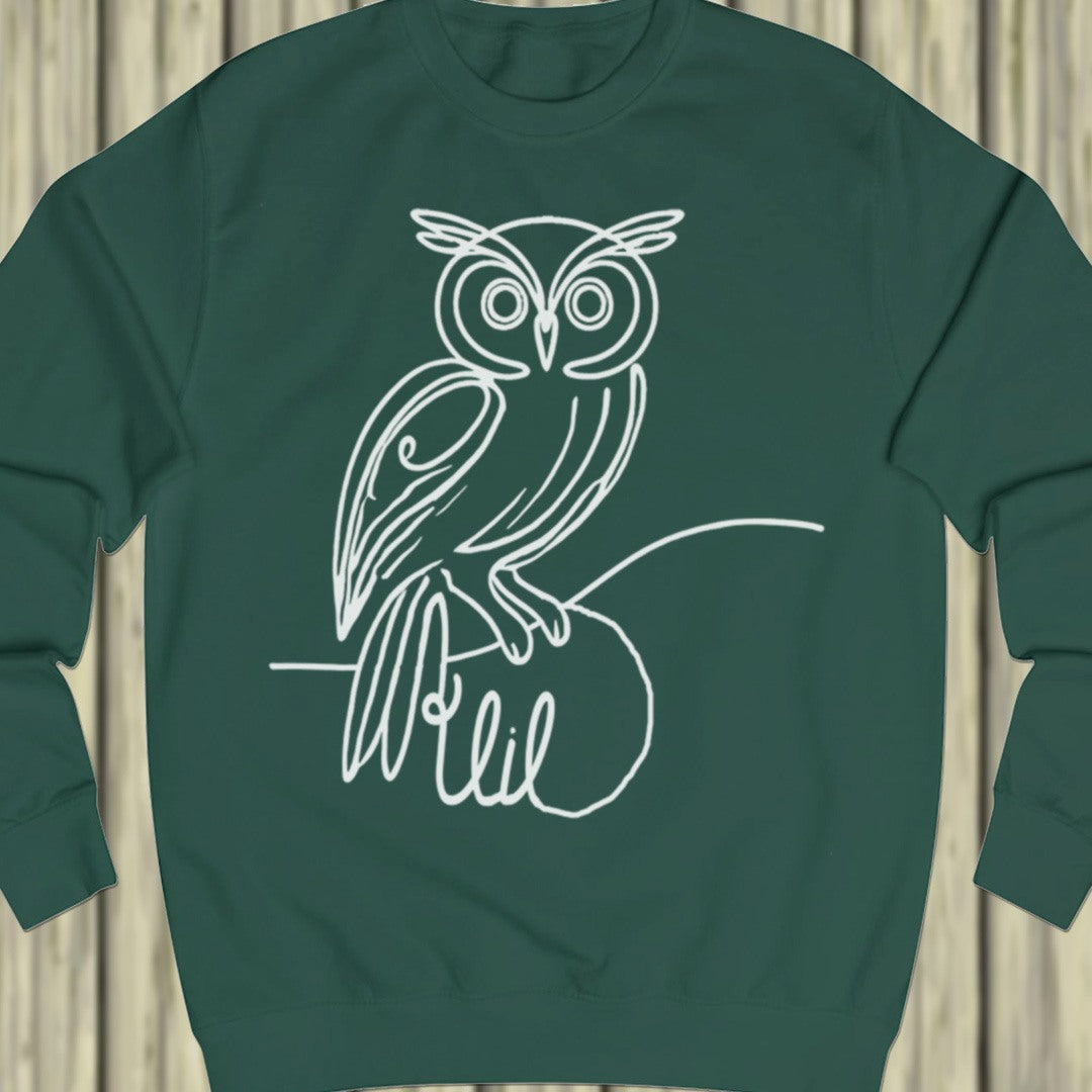 Owl line drawing white sweatshirt
