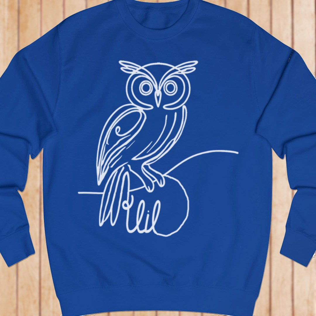 Owl line drawing white sweatshirt