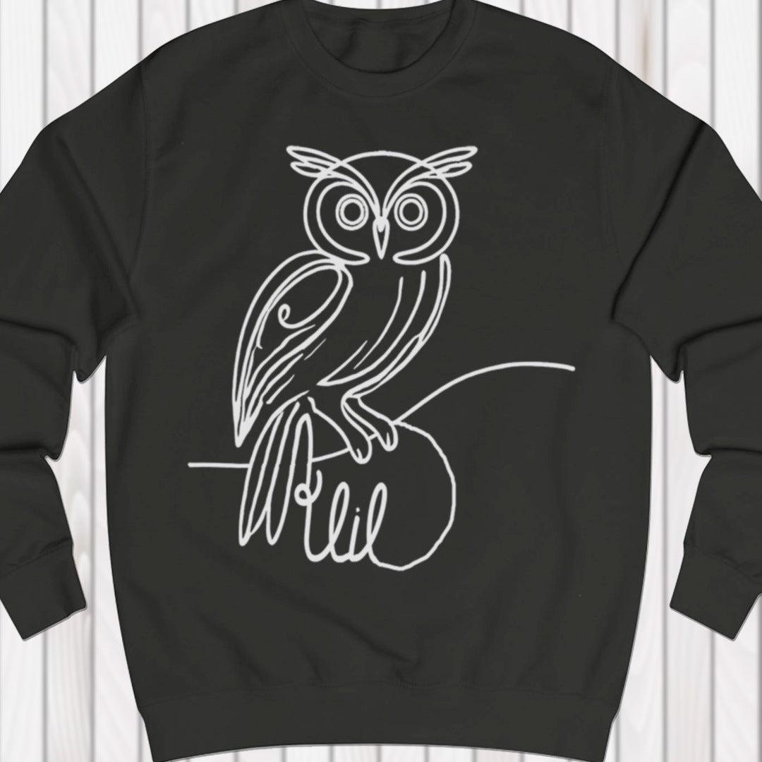 Owl line drawing white sweatshirt