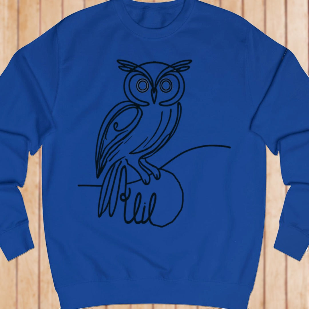 Owl line drawing black sweatshirt