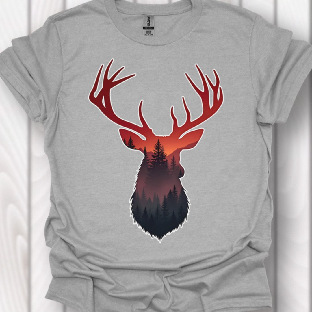 Cerf double exposition nuances rouges T-shirt intemporel
