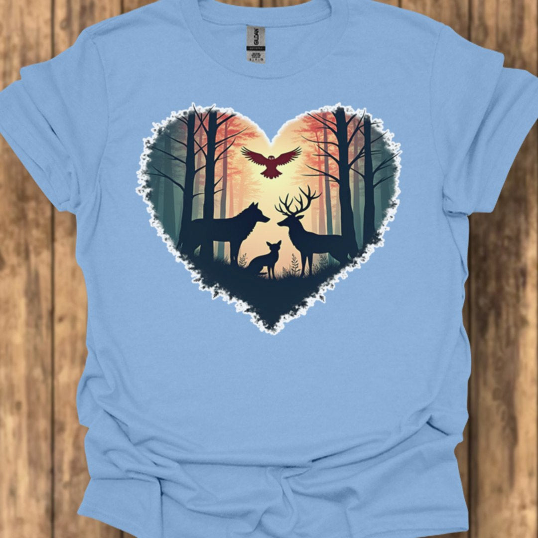Forest animals with heart shape trendy T-shirt