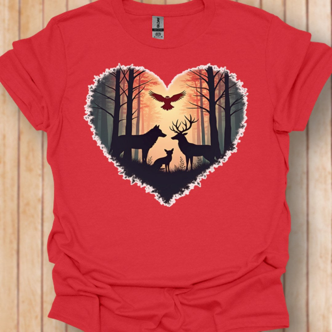 Forest animals with heart shape trendy T-shirt