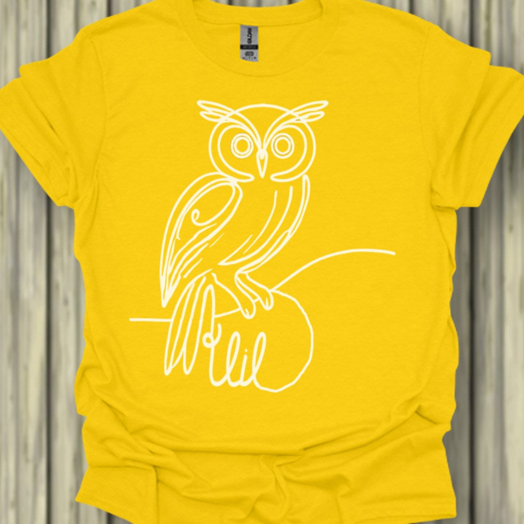 Owl line drawing white trendy T-shirt
