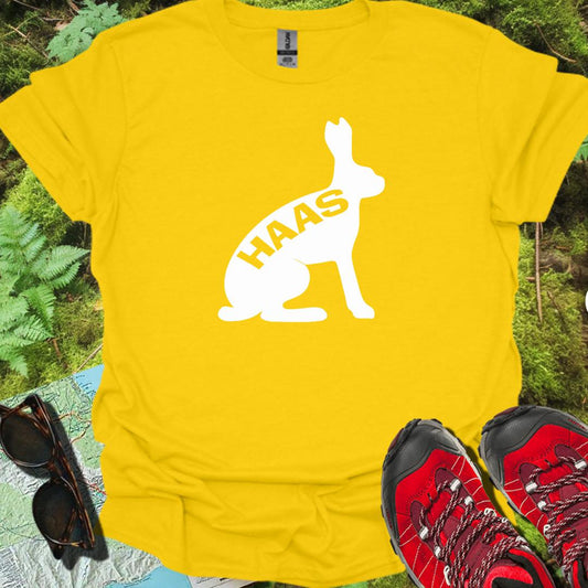 Hare silhouette with text white trendy T-shirt