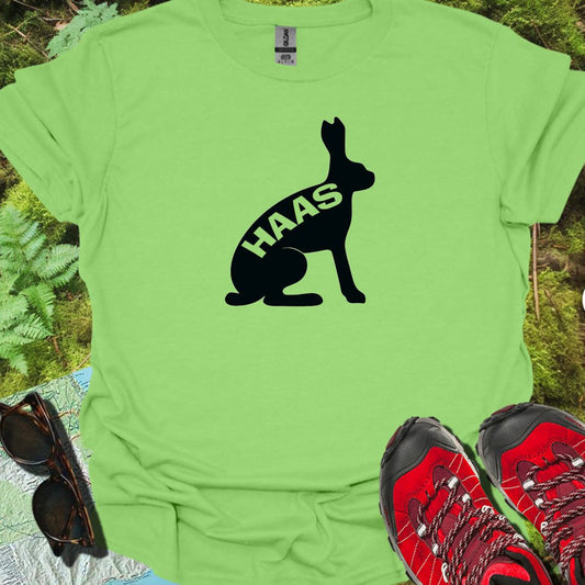 Hare silhouette with text black trendy T-shirt