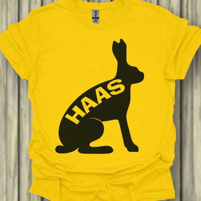 Hare silhouette with text black trendy T-shirt