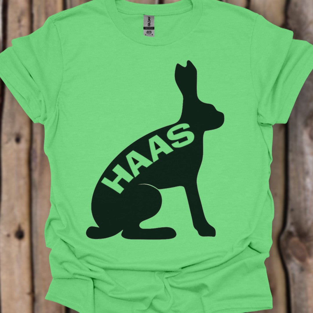 Hare silhouette with text black trendy T-shirt