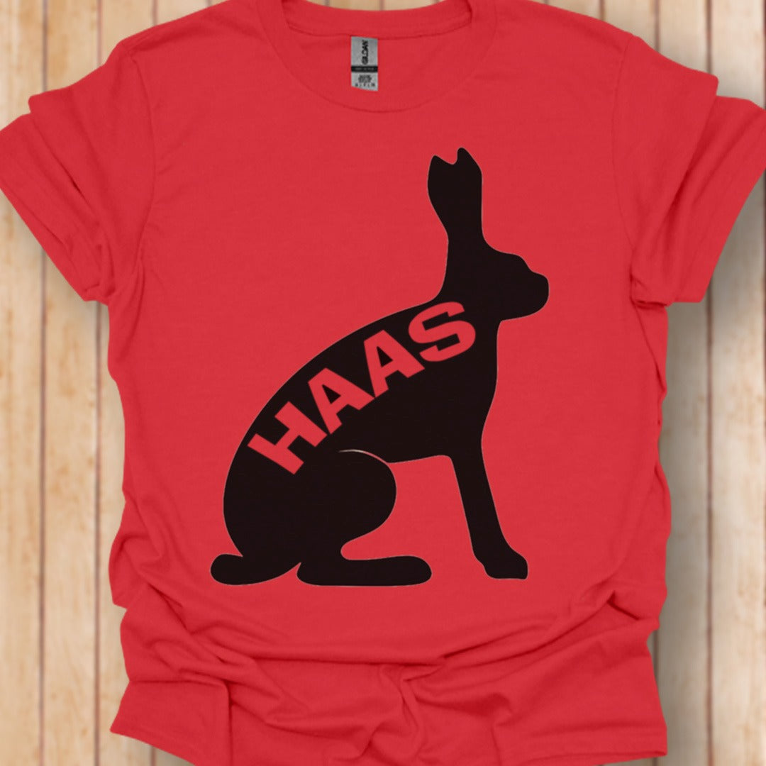 Hare silhouette with text black trendy T-shirt