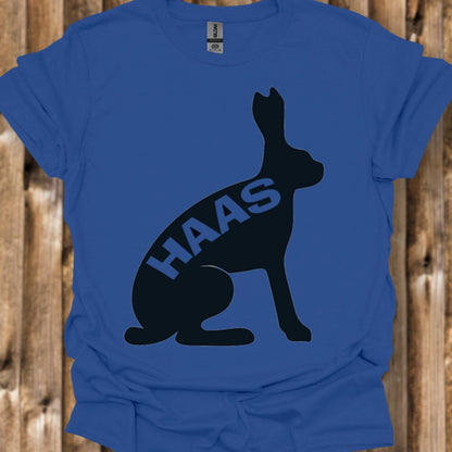 Hare silhouette with text black trendy T-shirt