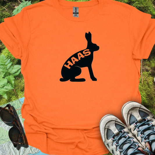 Hare silhouette with text black trendy T-shirt