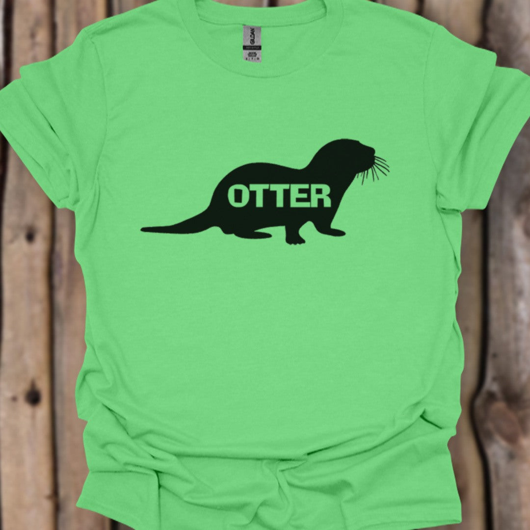 Otter silhouette with text black trendy T-shirt