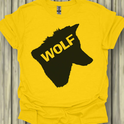 Wolf head silhouette with text black trendy T-shirt