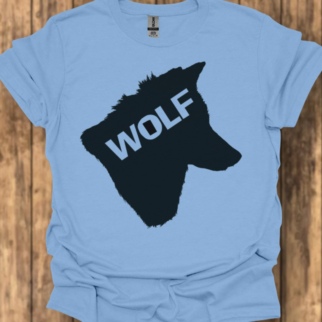 Wolf head silhouette with text black trendy T-shirt