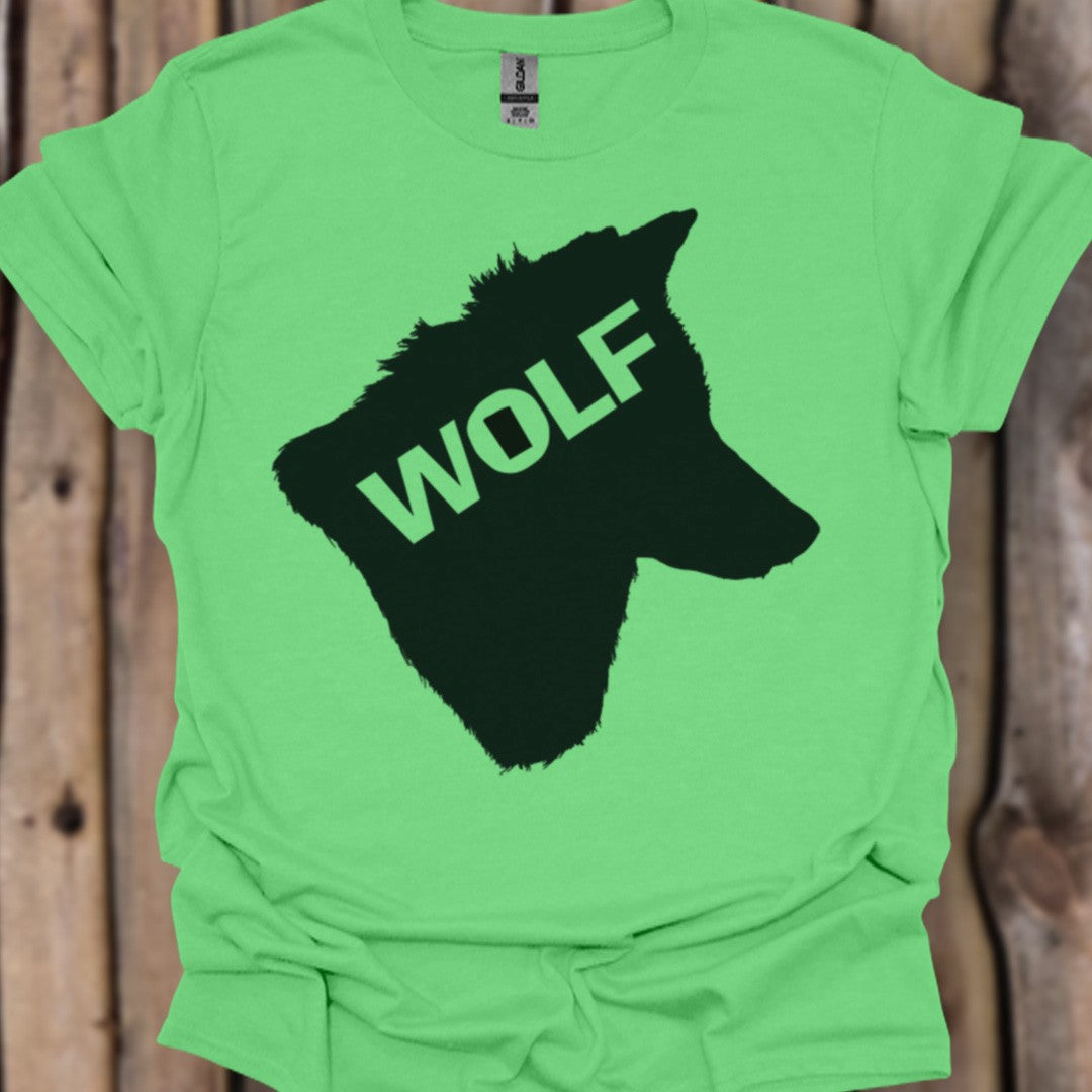 Wolf head silhouette with text black trendy T-shirt