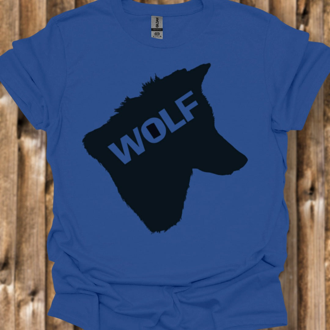 Wolf head silhouette with text black trendy T-shirt