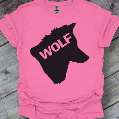 Wolf head silhouette with text black trendy T-shirt
