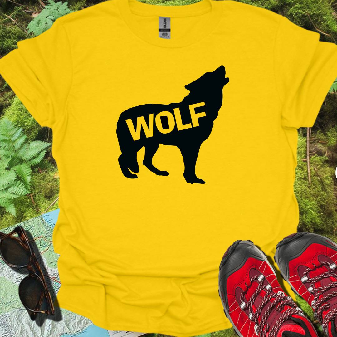 Loup debout silhouette noire avec texte T-shirt tendance 