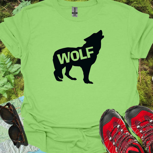 Loup debout silhouette noire avec texte T-shirt tendance 
