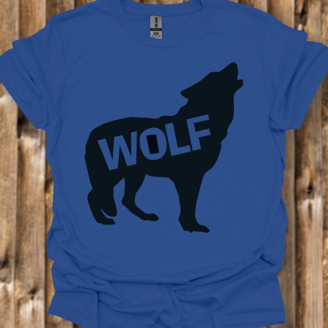 Standing wolf silhouette with text black trendy T-shirt
