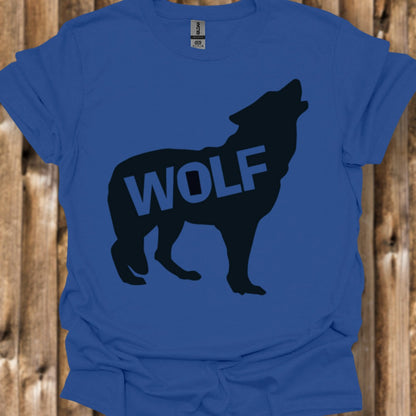 Standing wolf silhouette with text black trendy T-shirt