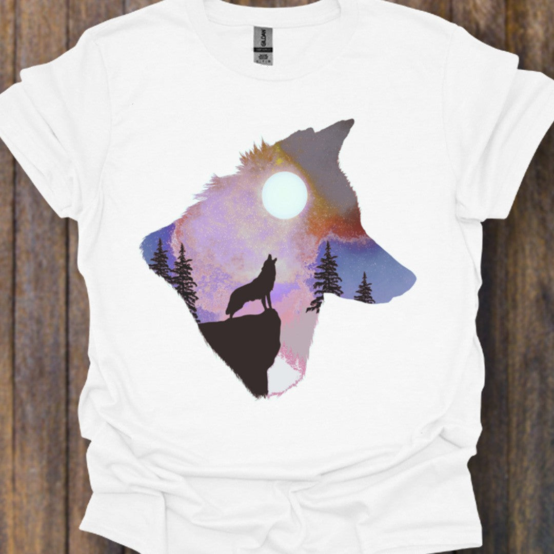 Wolf volle maan double exposure T‑Shirt