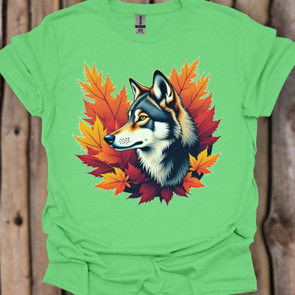 Wolf autumn leaves trendy T-shirt