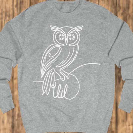 Owl line drawing white sweatshirt
