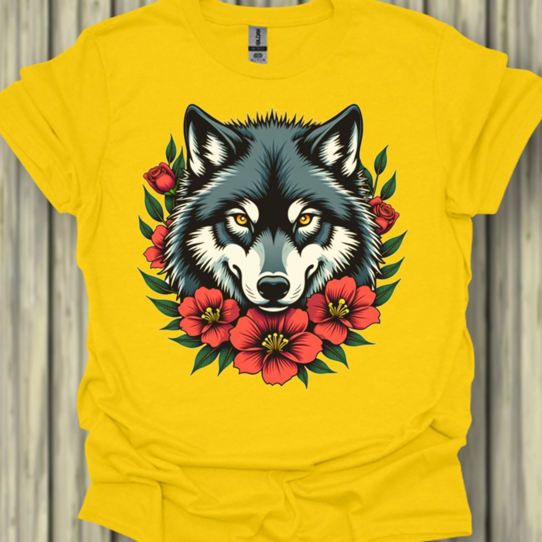 Loup fleurs rouge T-shirt tendance 