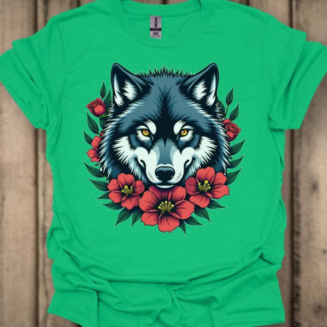 Loup fleurs rouge T-shirt tendance 