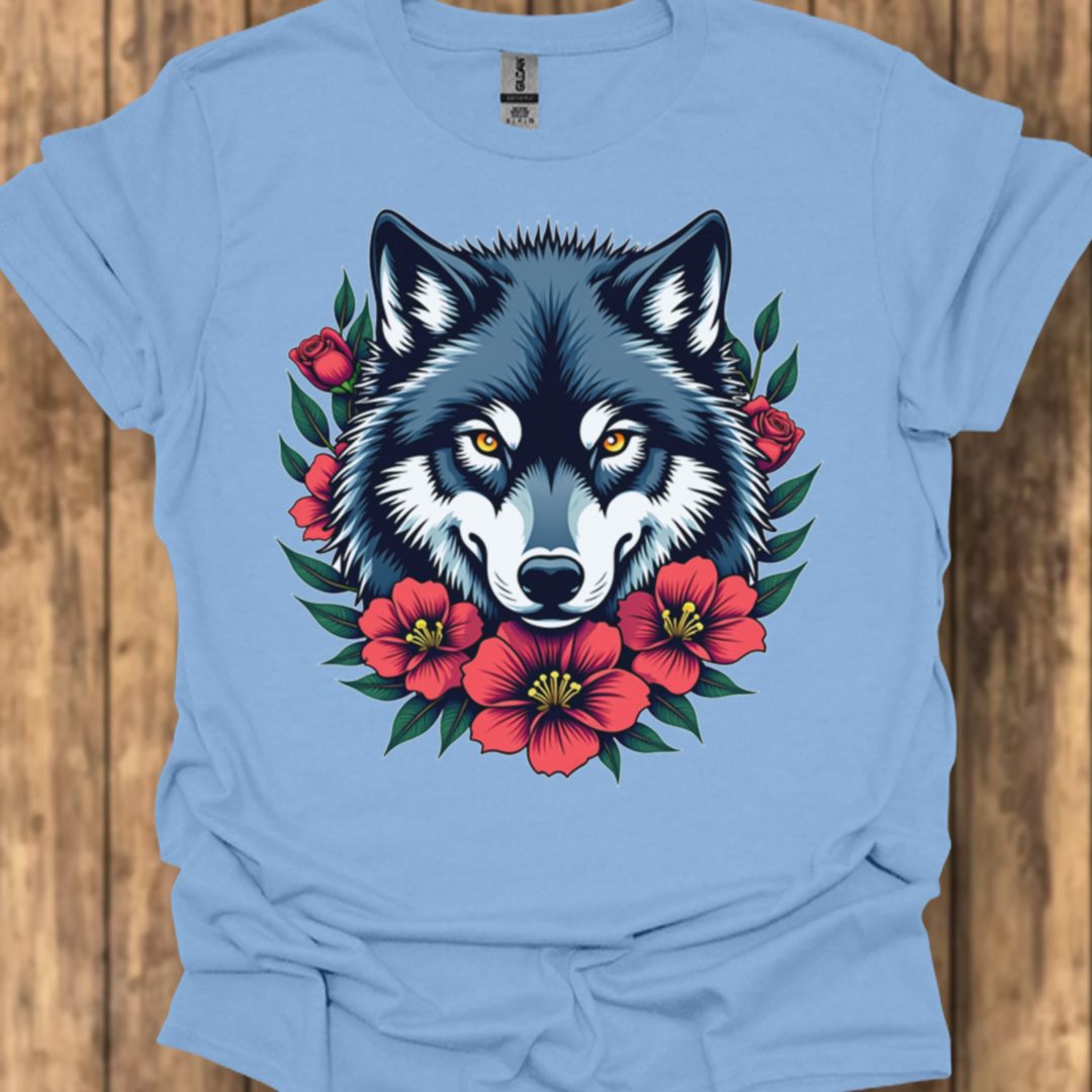 Loup fleurs rouge T-shirt tendance 