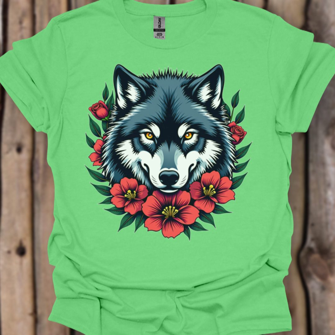 Loup fleurs rouge T-shirt tendance 