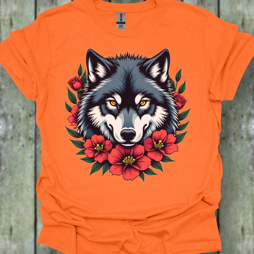 Loup fleurs rouge T-shirt tendance 
