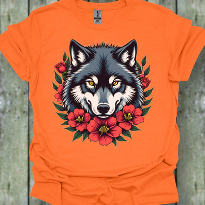 Loup fleurs rouge T-shirt tendance 