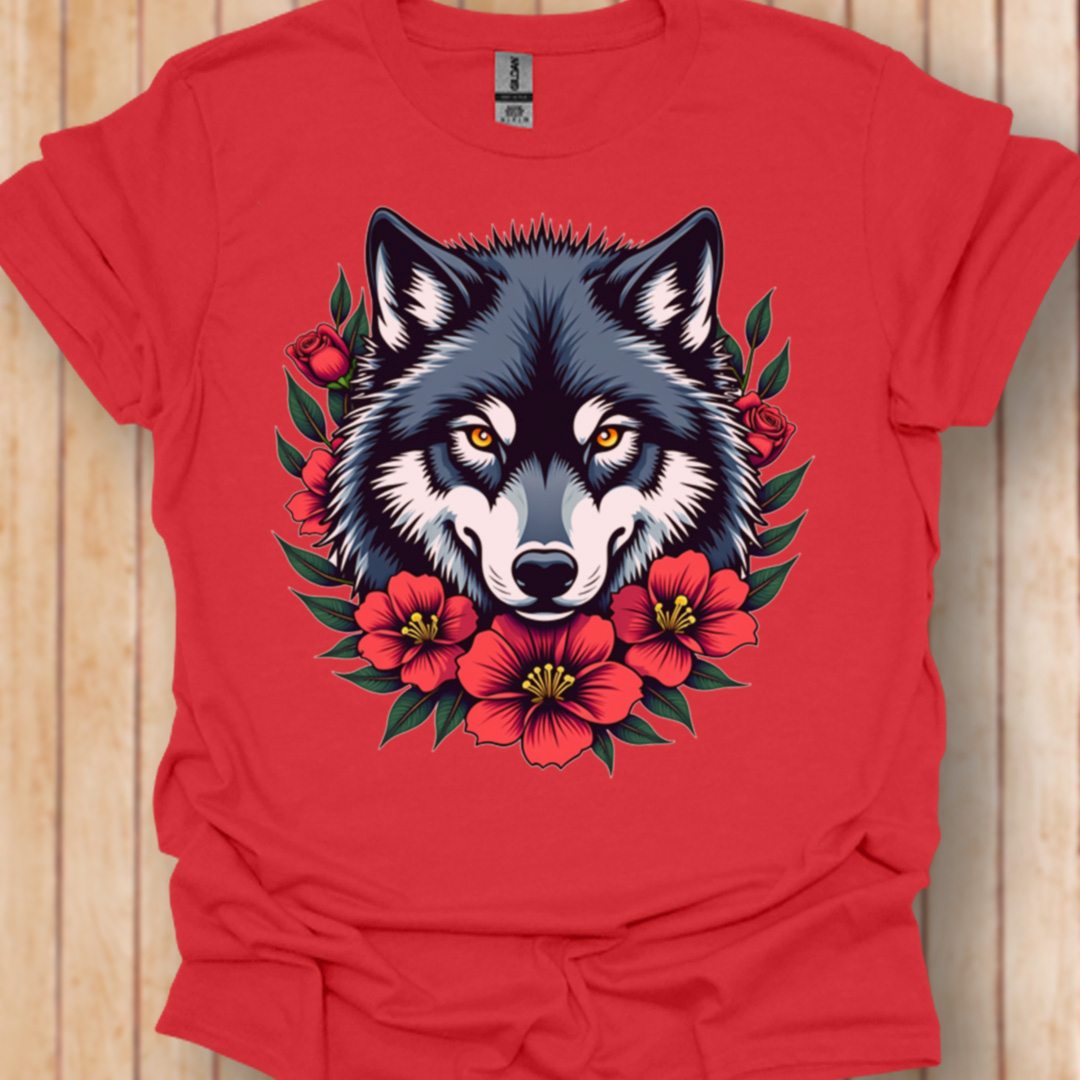 Loup fleurs rouge T-shirt tendance 