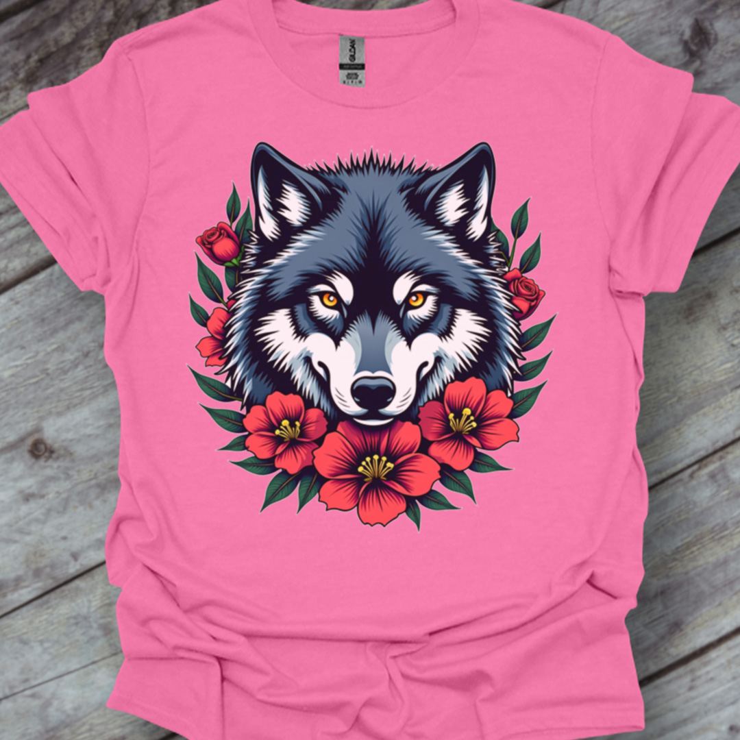 Loup fleurs rouge T-shirt tendance 