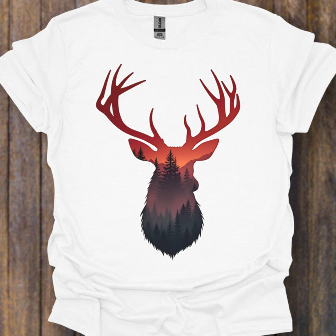 Cerf double exposition nuances rouges T-shirt intemporel