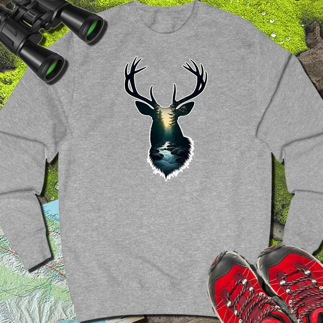 Deer double exposure forest stream sweatshirt
