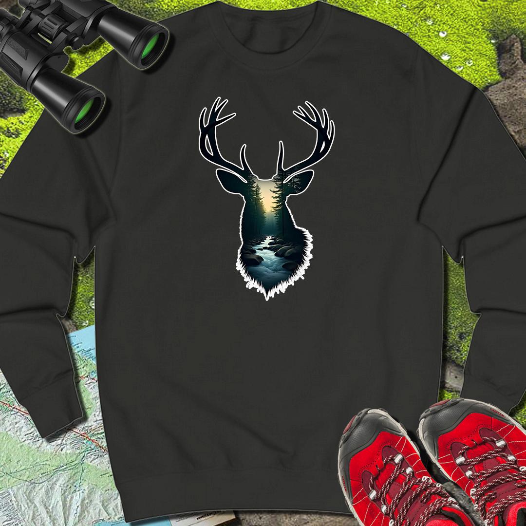 Deer double exposure forest stream sweatshirt