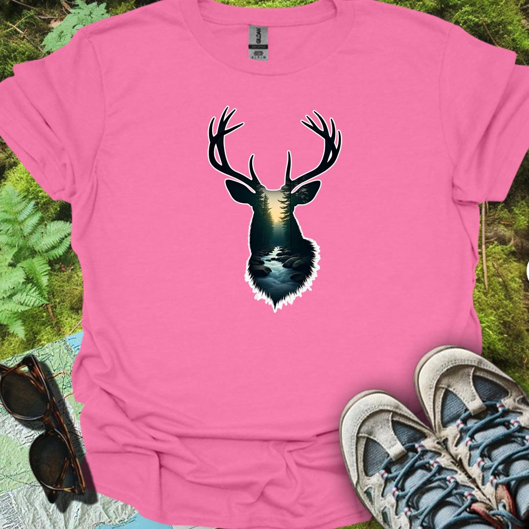 Deer double exposure bosbeek trendy T-shirt